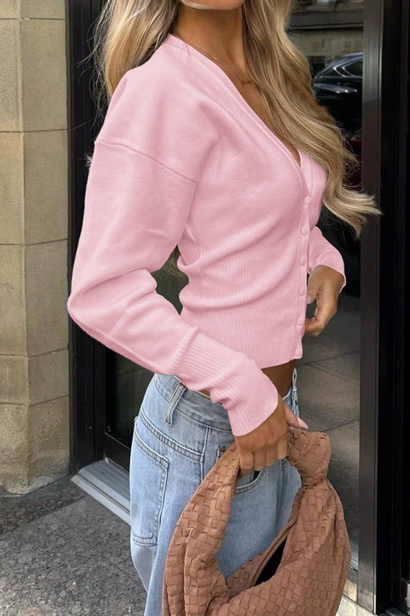 CWOCAL00754_V-NECK CASUAL SOLID COLOR BUTTON KNITTED SWEATER