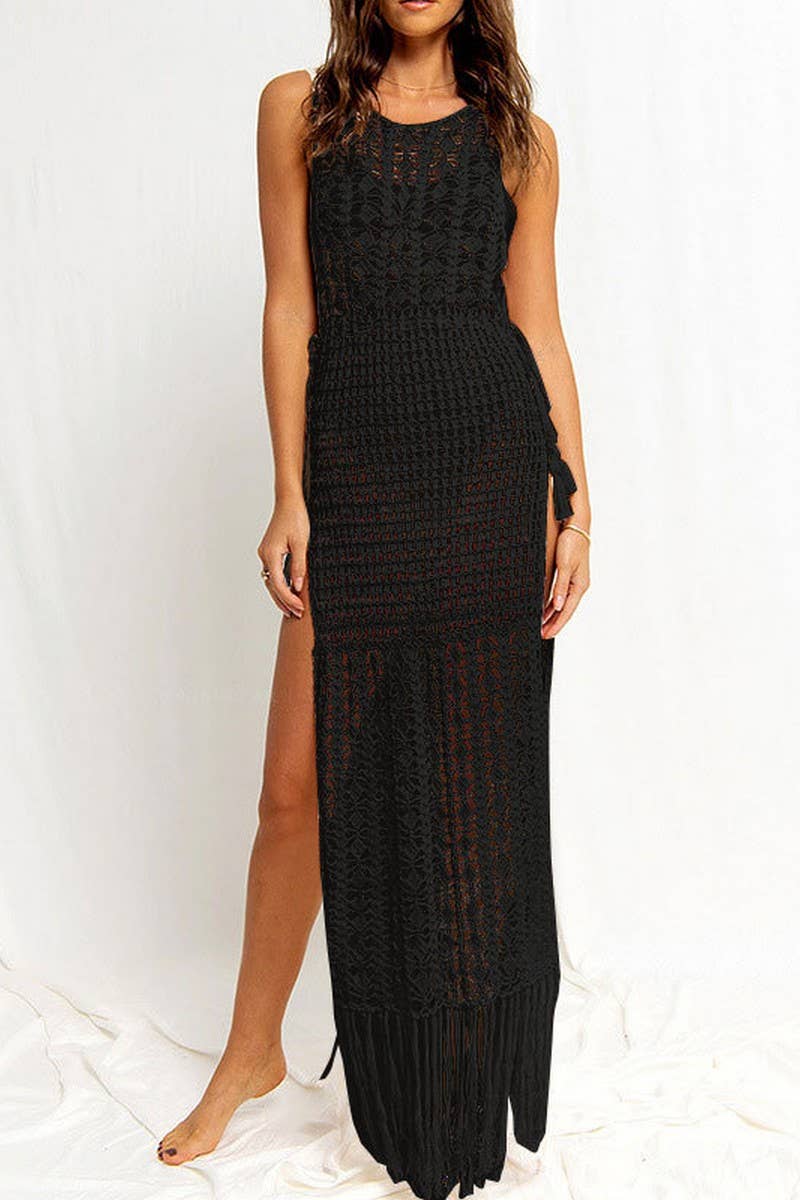 CWDMD4772_HOLLOW TASSEL BIKINI  KNITTED BEACH COVERUP