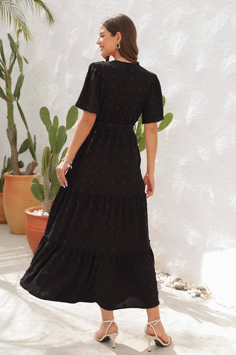 CWDMD2150_V NECK HIGH WAISTED SHORT SLEEVED LONG DRESS