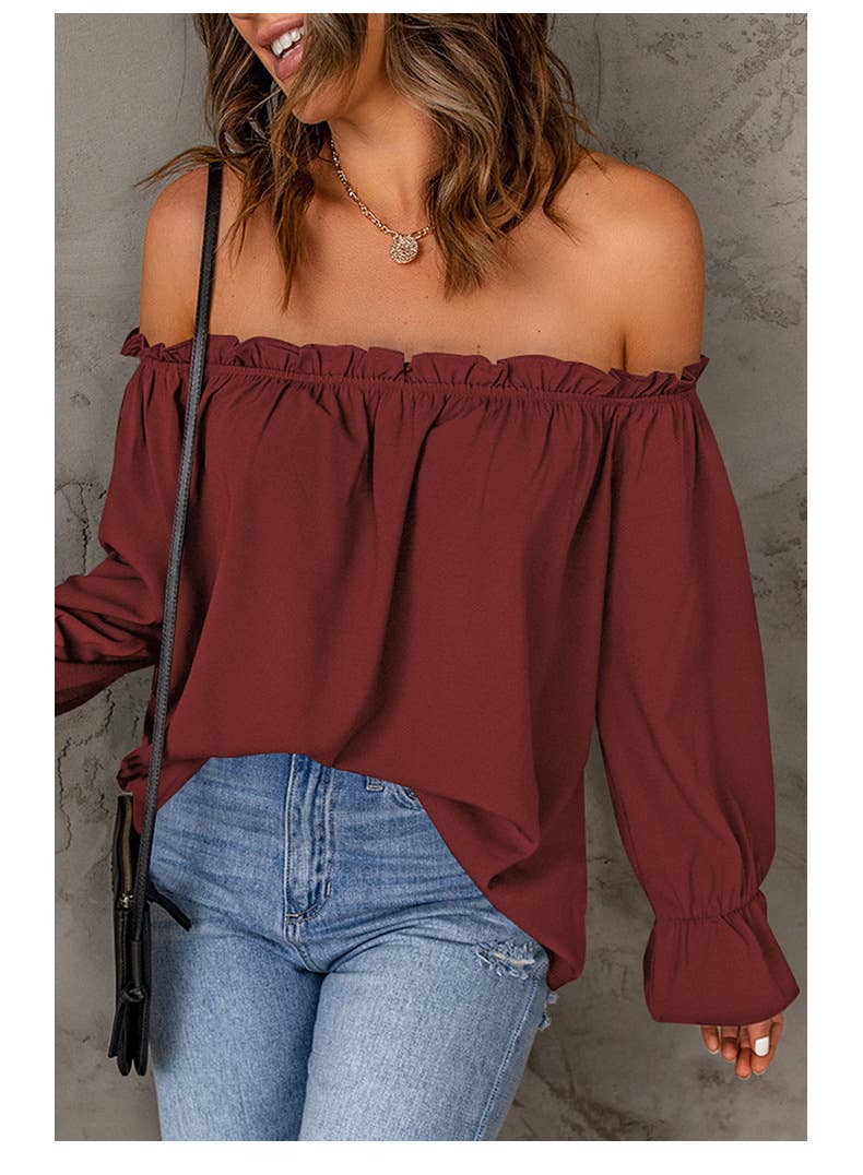 Solid-color pullover sexy off-the-shoulder shirt