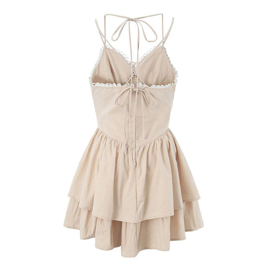 French Deep V-Neck Cake Pompadour Short Dress