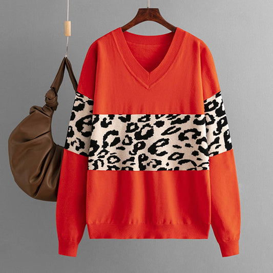 V-NECK LOOSE COLOR LEOPARD-PRINT SWEATER WOMAN