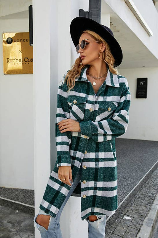STYLE LAPEL PLAID WOOL SINGLE BREASTED LONG COAT