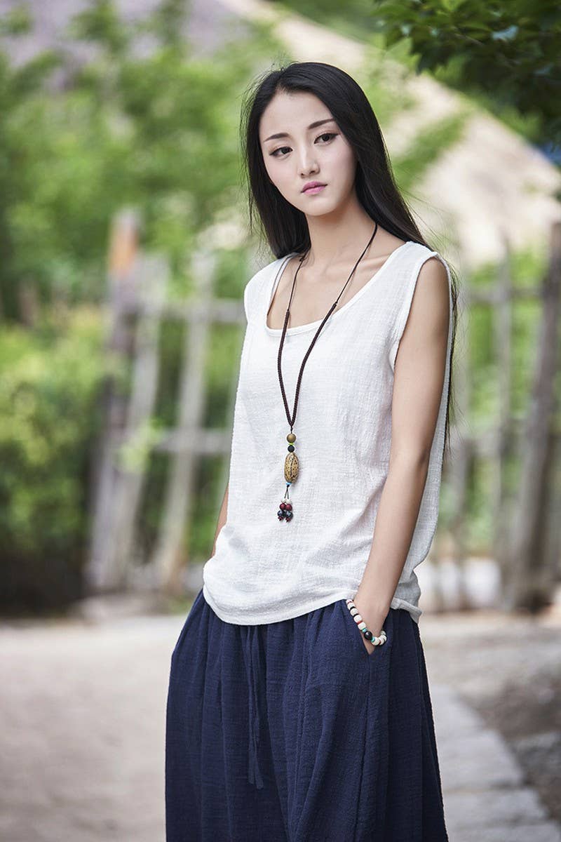 Cwtblsl0565_Loose Cotton And Linen Sleeveless Vest