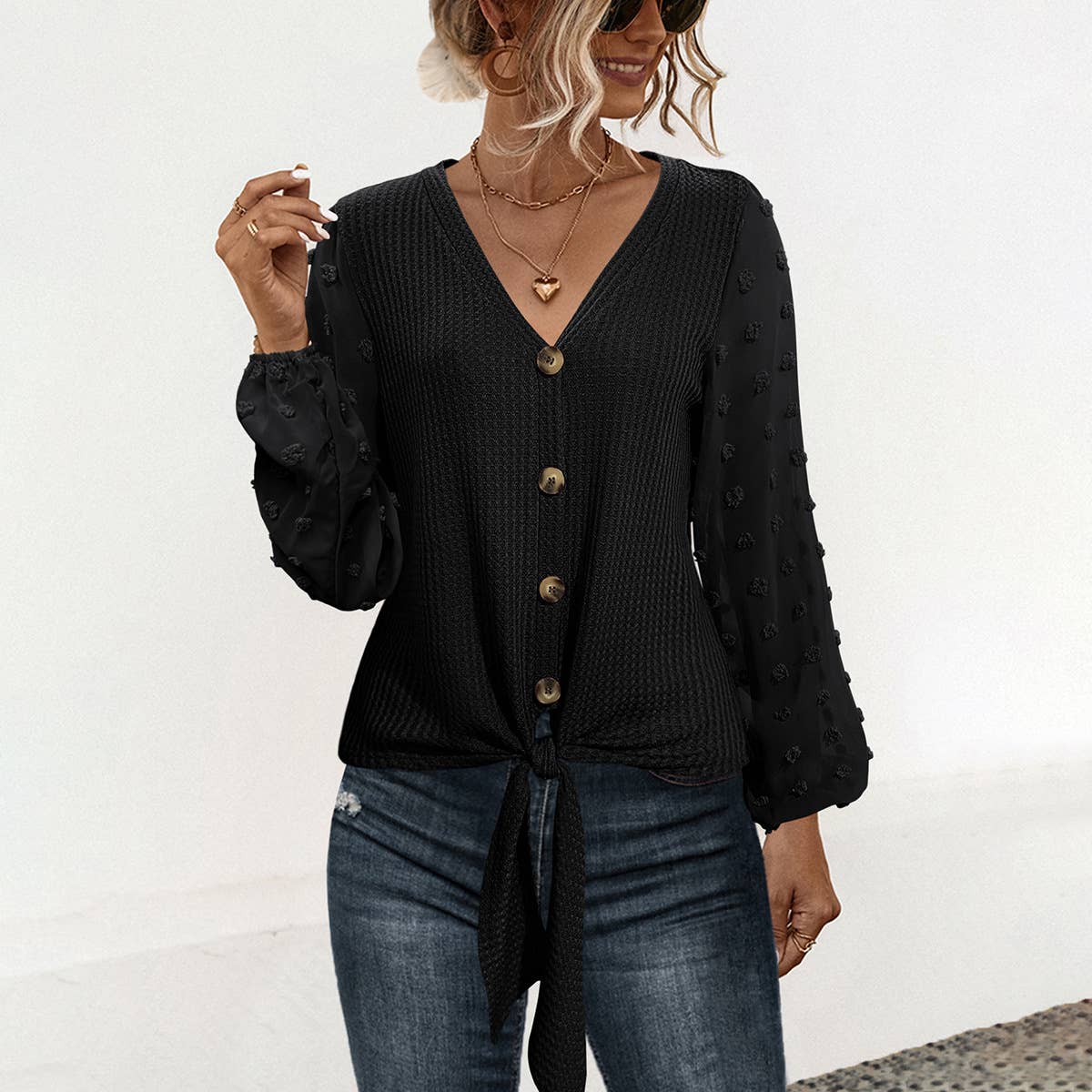 V-NECK KNOTTED JACQUARD PATCHWORK SLEEVE SWEATER
