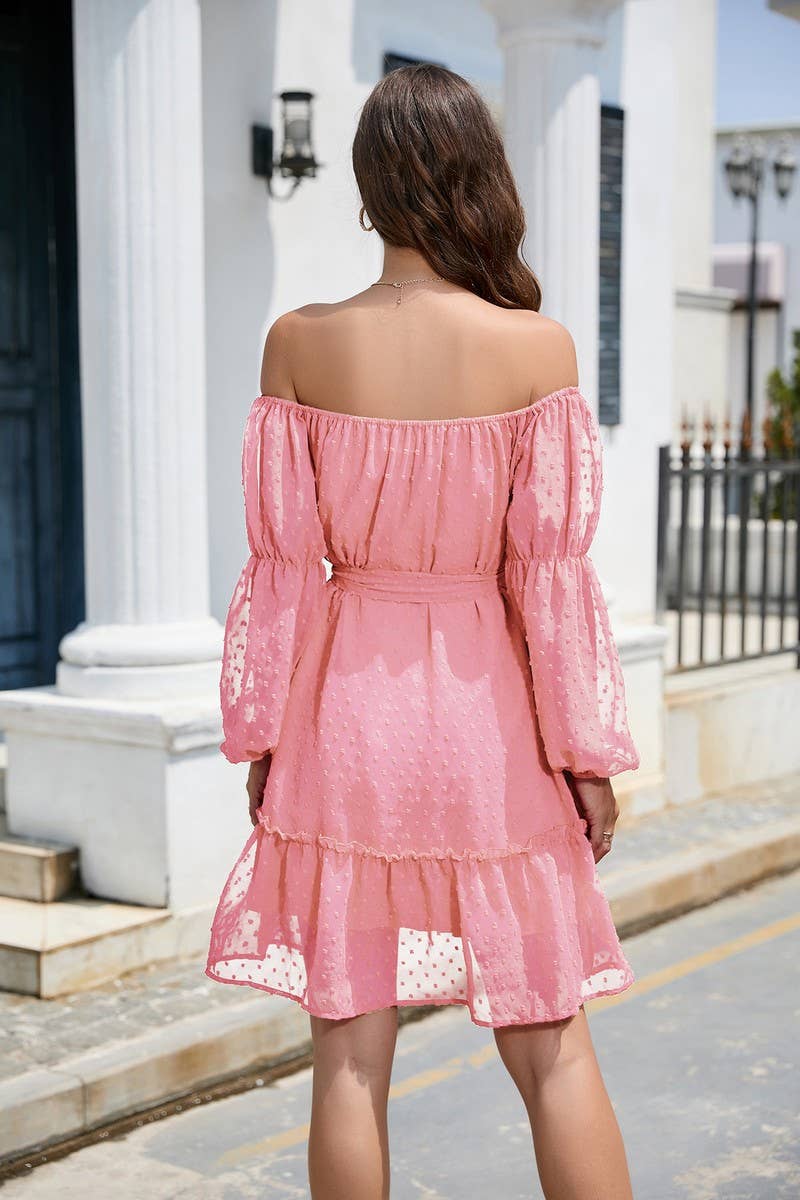 CWDSD8400_OFF SHOULDER POM POM CHIFFON BELTED DRESS