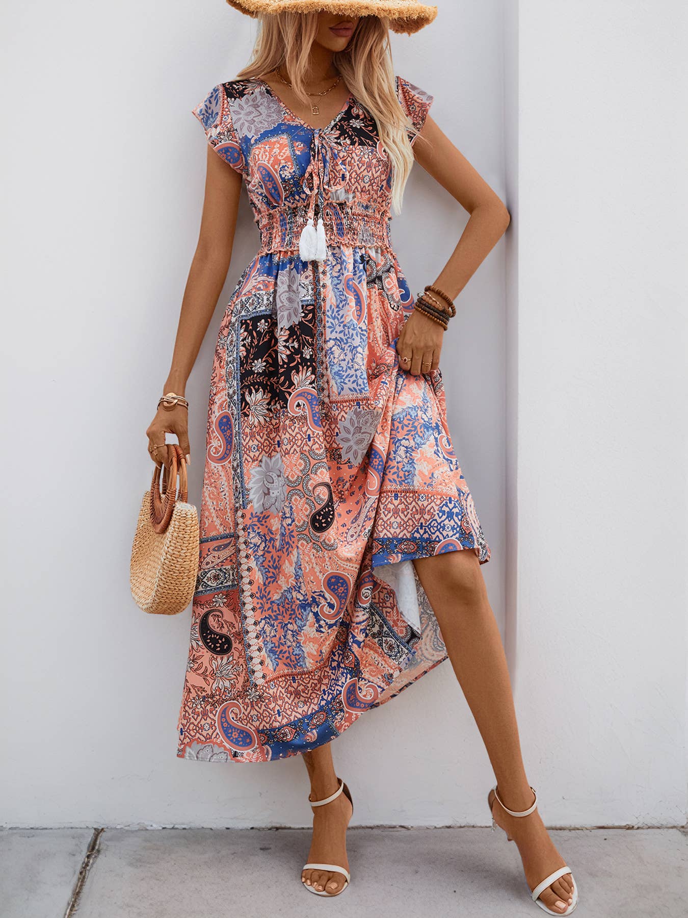 Paisley floral print flysleeve long swing dress