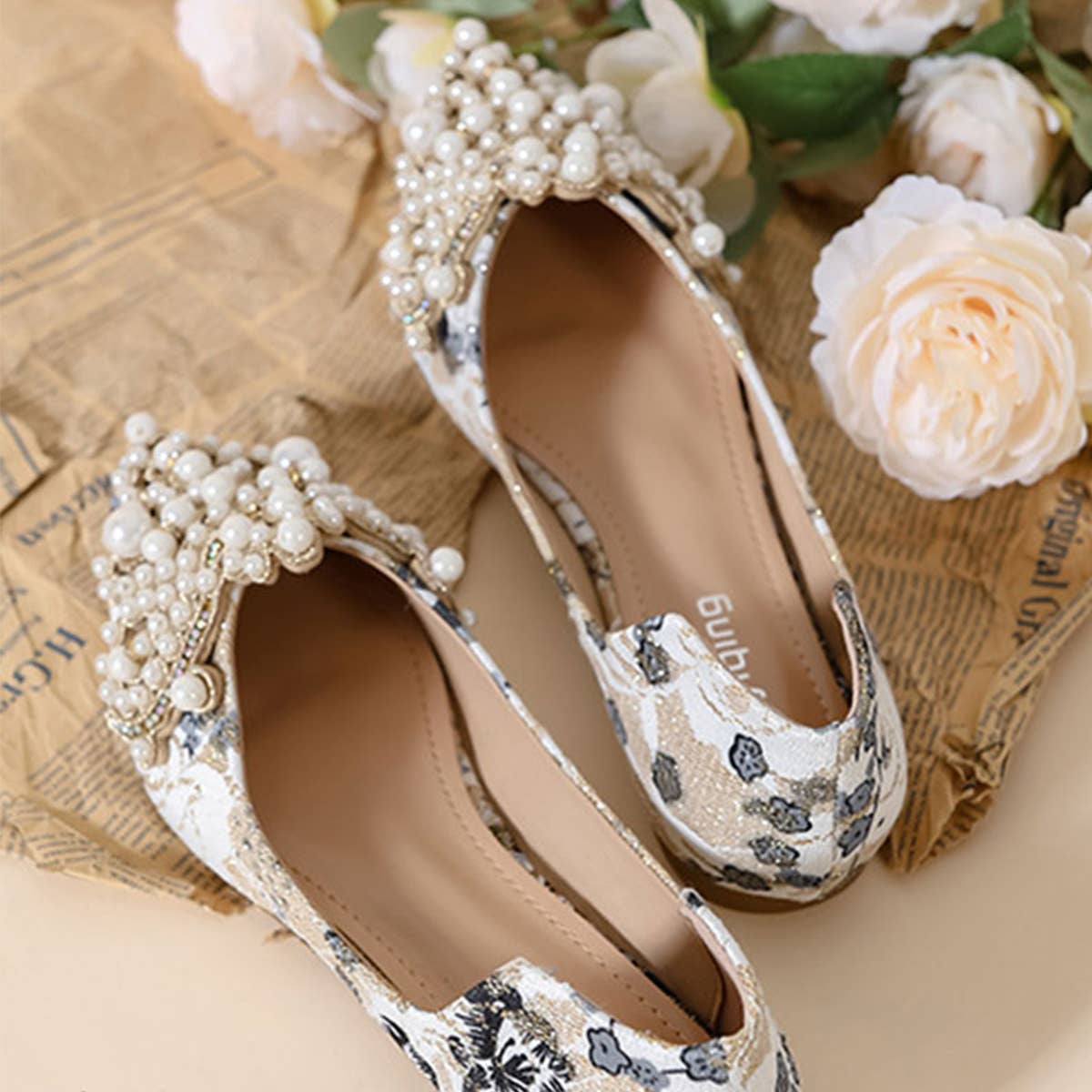 FAUX PEARL FLORAL PRINT DECOR FLAT SHOES FOR WOMAN