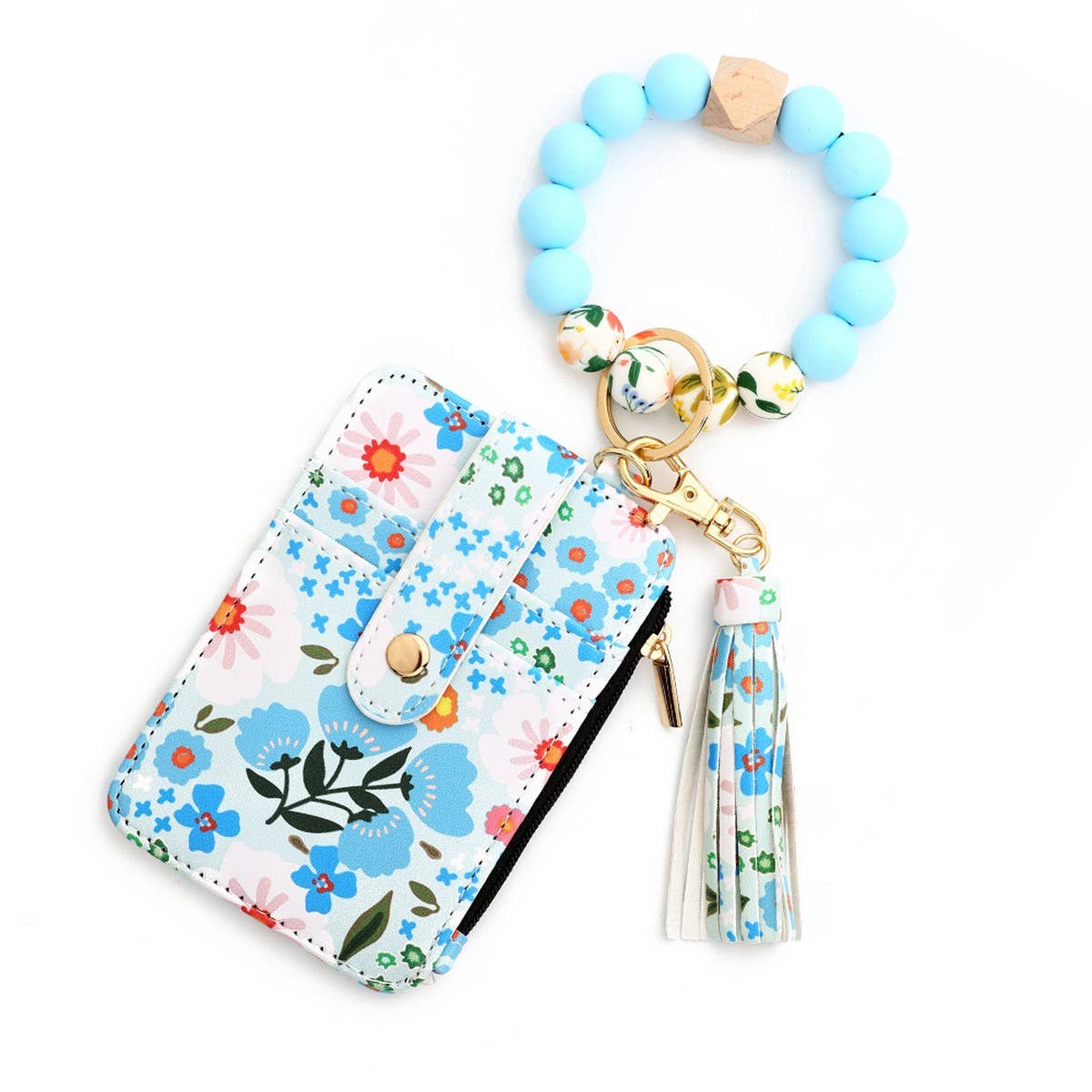 Floral PU Wallet with Bead Bracelet & Card Holder_CWAB4955