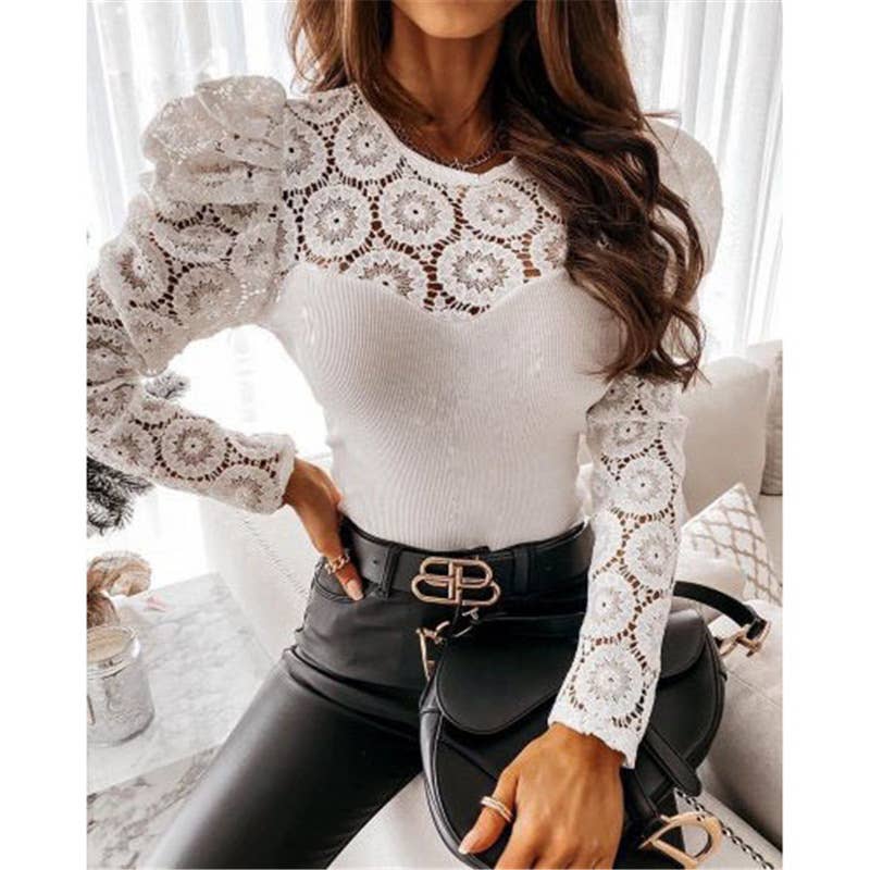 SOLID COLOR LONG SLEEVE LACE CUT-OUT FASHION TOP