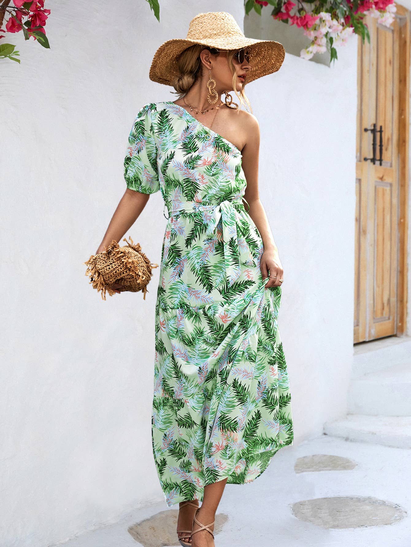 Asymmetrical shoulder tropical tie waist dress