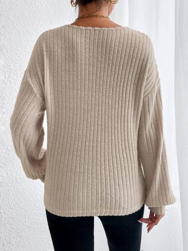 V-NECK DROP SHOULDER SLEEVED T-SHIRT LOOSE KNIT