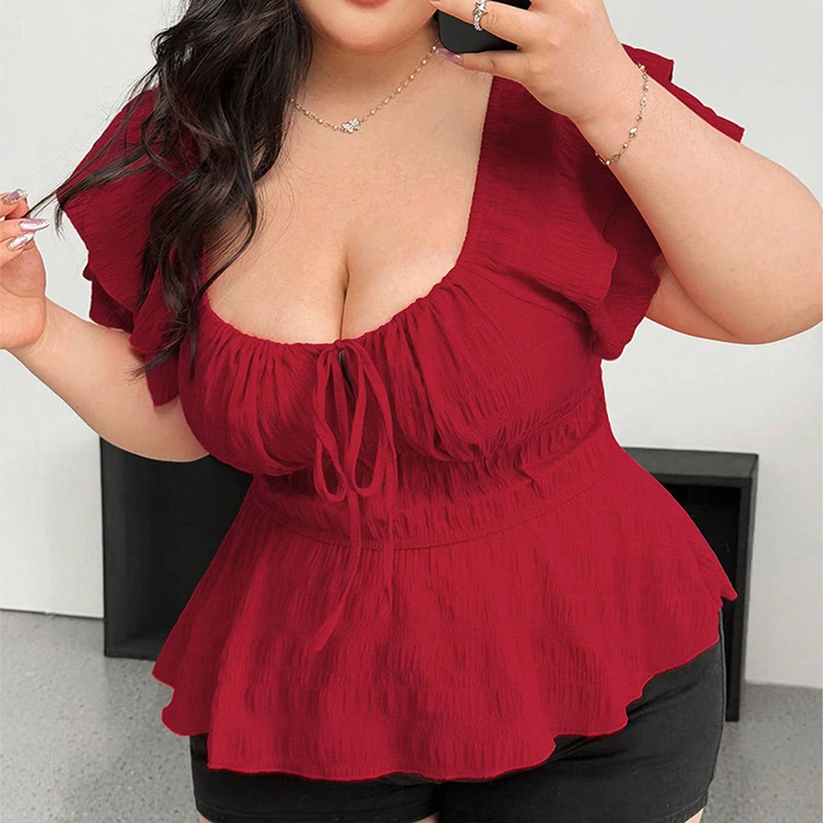Sexy Square Neck Waist Slim Red Summer Top
