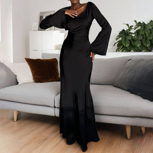 ROUND NECK SOLID COLOR DRESS WITH FLARED SLEEVES