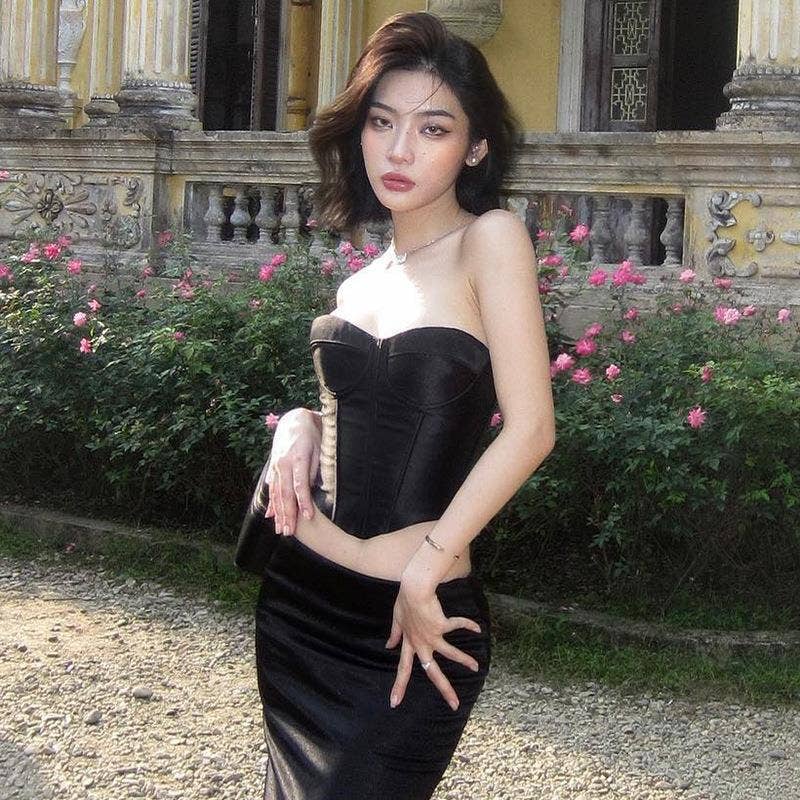 Satin Strapless Waist Cinched Crop Top