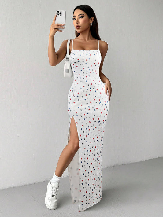 Polka dot printed square collar halter dress