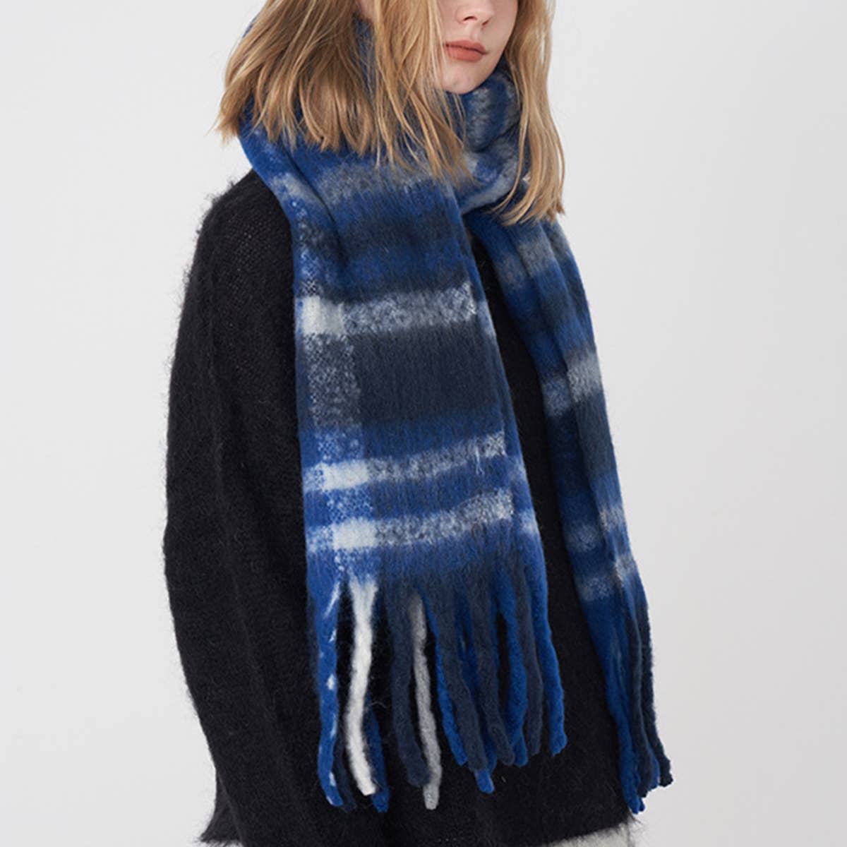 French Retro Plaid Scarf - Winter Tassel Wrap