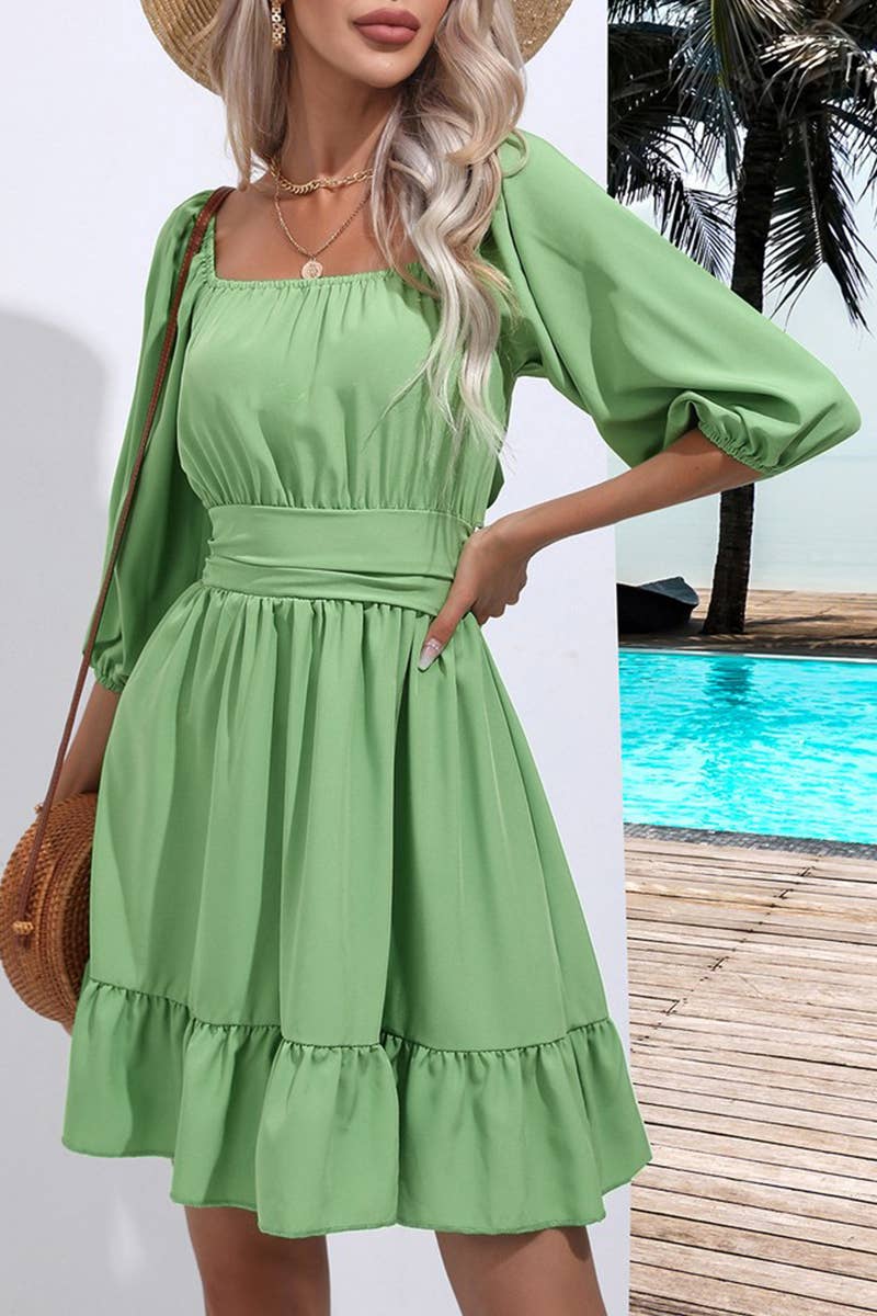 CWDSD7390_SUMMER RUFFLED SQUARE NECK TIE SHORT DRESS