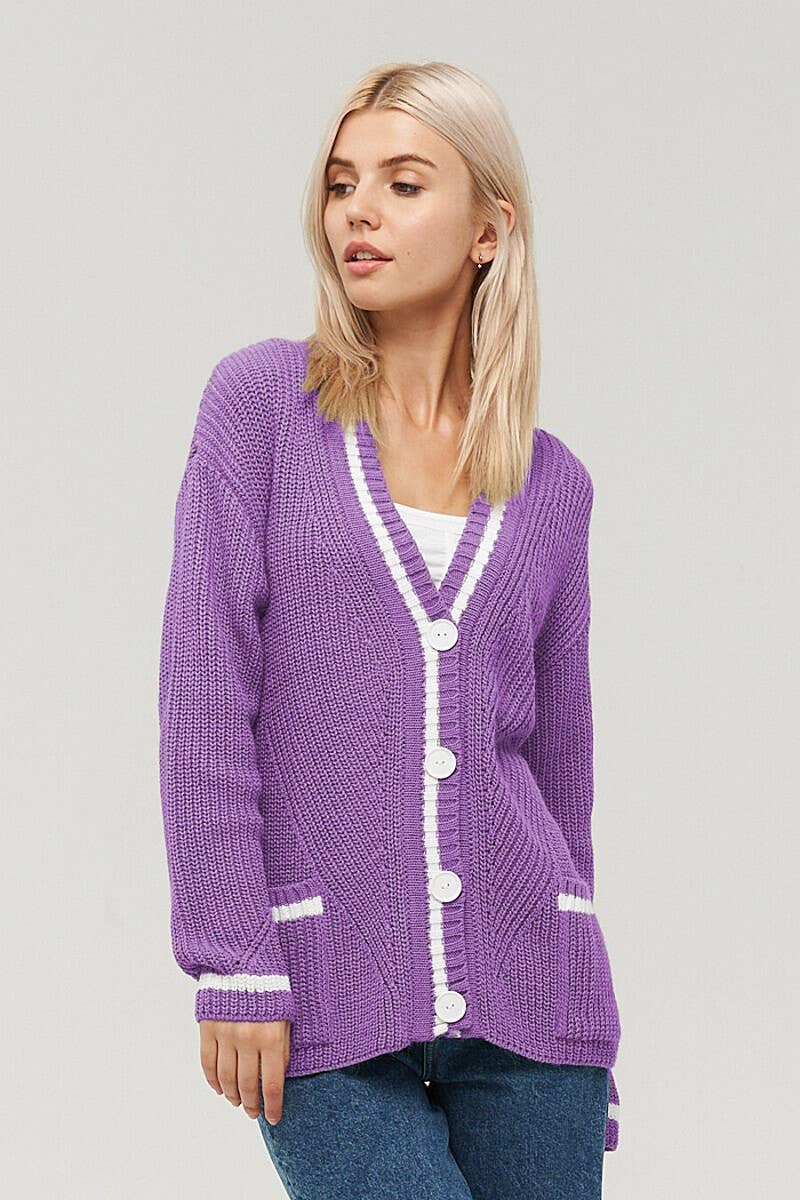 CWOCAL1619_V-NECK POCKET COLOR-BLOCK KNITTED CARDIGAN COAT