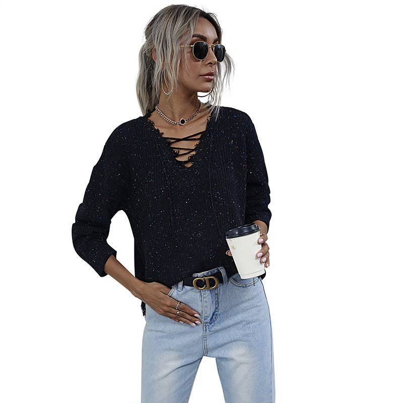 SOLID COLOR CASUAL CUT EDGE LOOSE V-NECK SWEATER