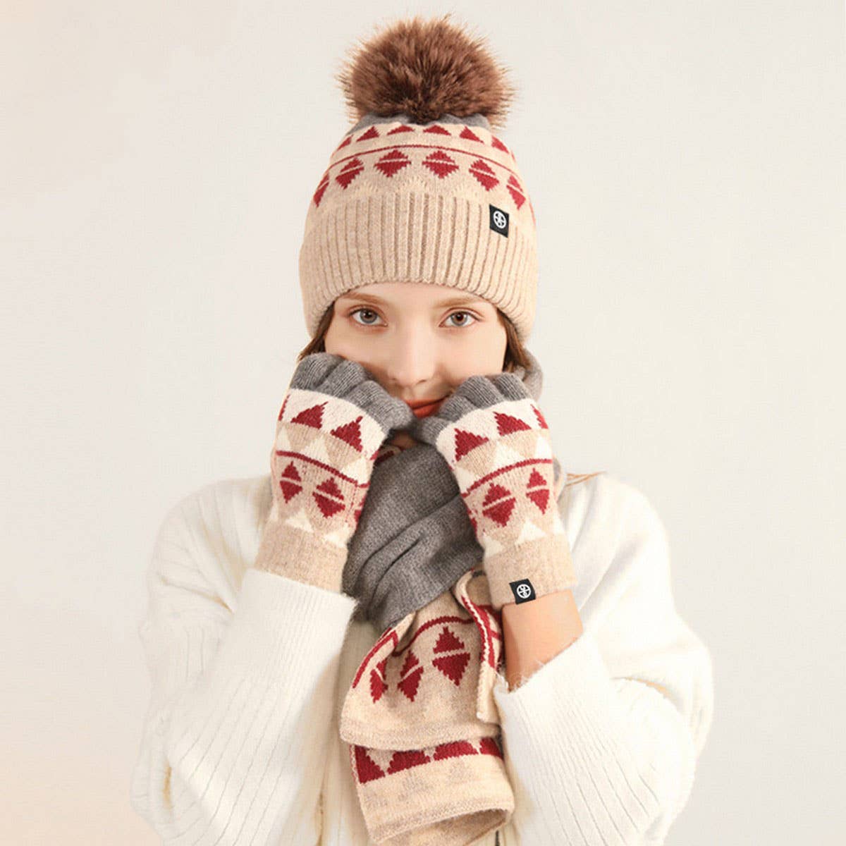 KNITTED GLOVES SCARF HAT WOOL THREE PIECE SET