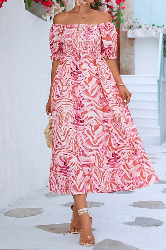 CWDMD5412_OFF SHOULDER FLORAL SMOCKED WAIST MIDI DRESS