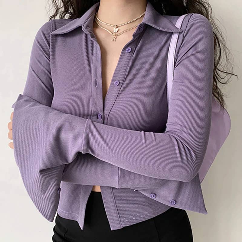 Temperament flared sleeve solid color shirt