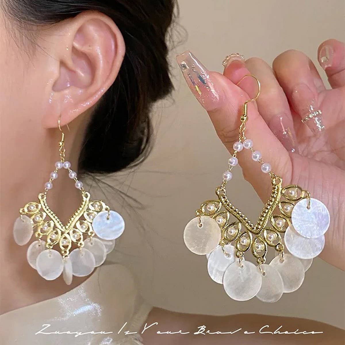 FRENCH GEOMETRIC SCALLOPED SHELL TASSEL EARRINGS