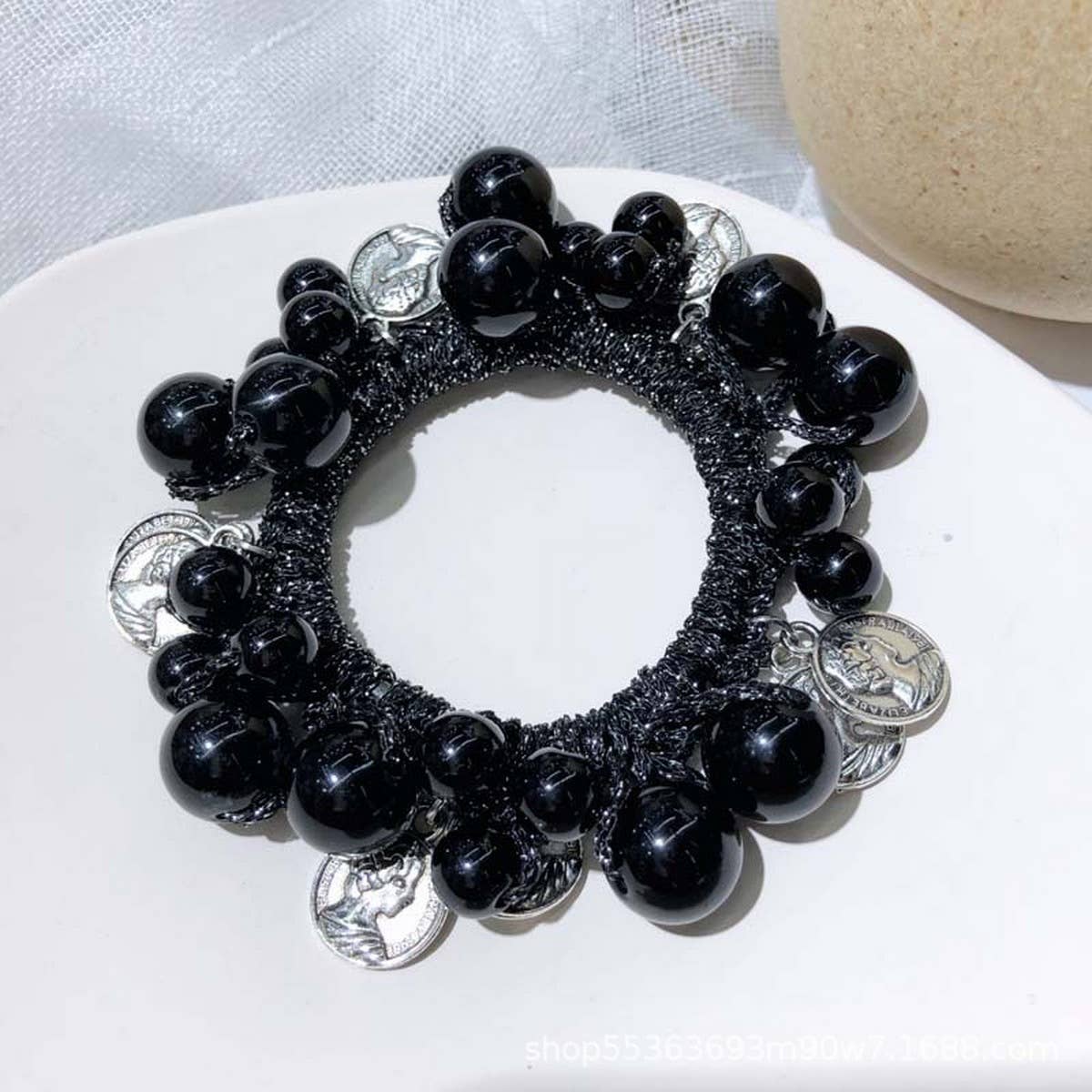 Beaded Hair Tie with Metal Pendant Pearl Band_CWAHA6876