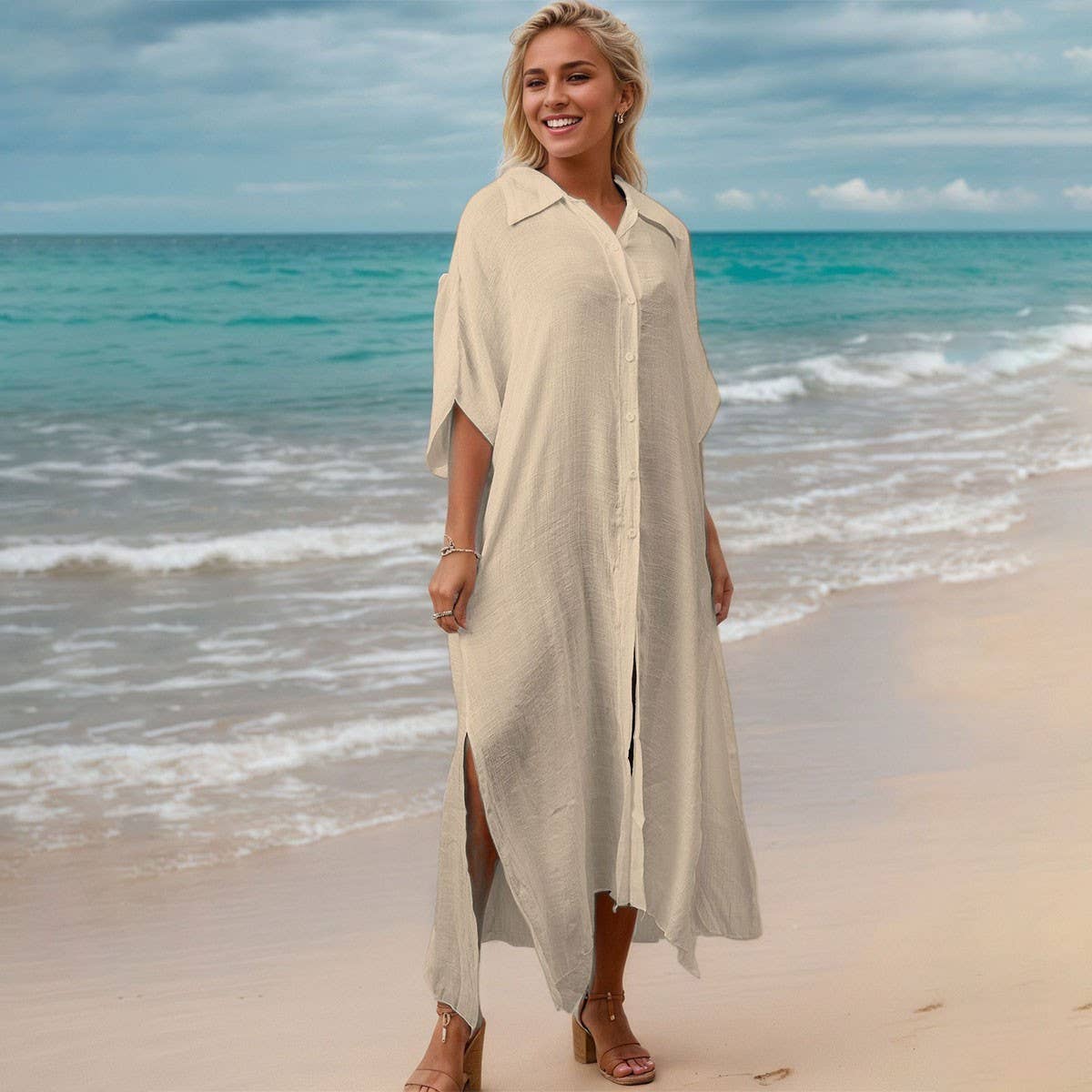 Bamboo Cotton Beach CoverUp Solid Color BikiniShirt_CWMM6300