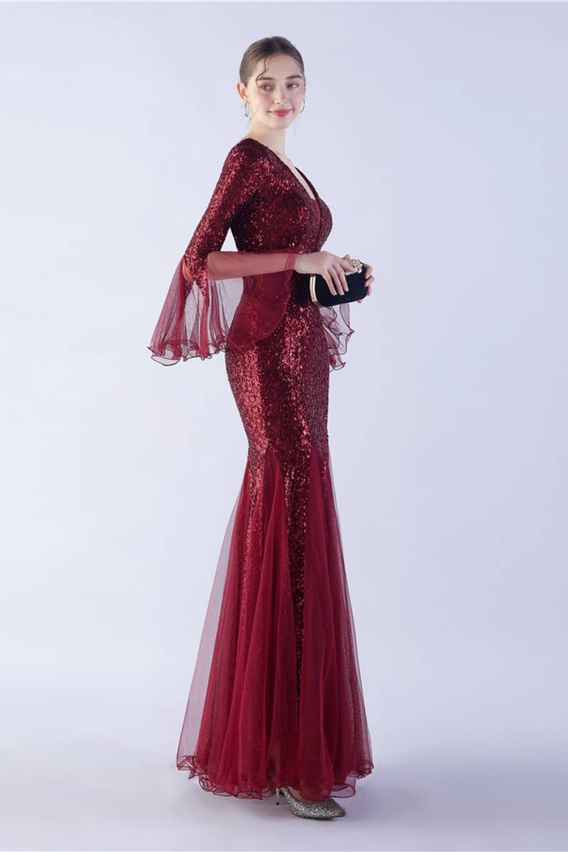 CWDMD3627_WAVY MESH BANQUET STAGE SEQUIN DRESS DRESS LONG