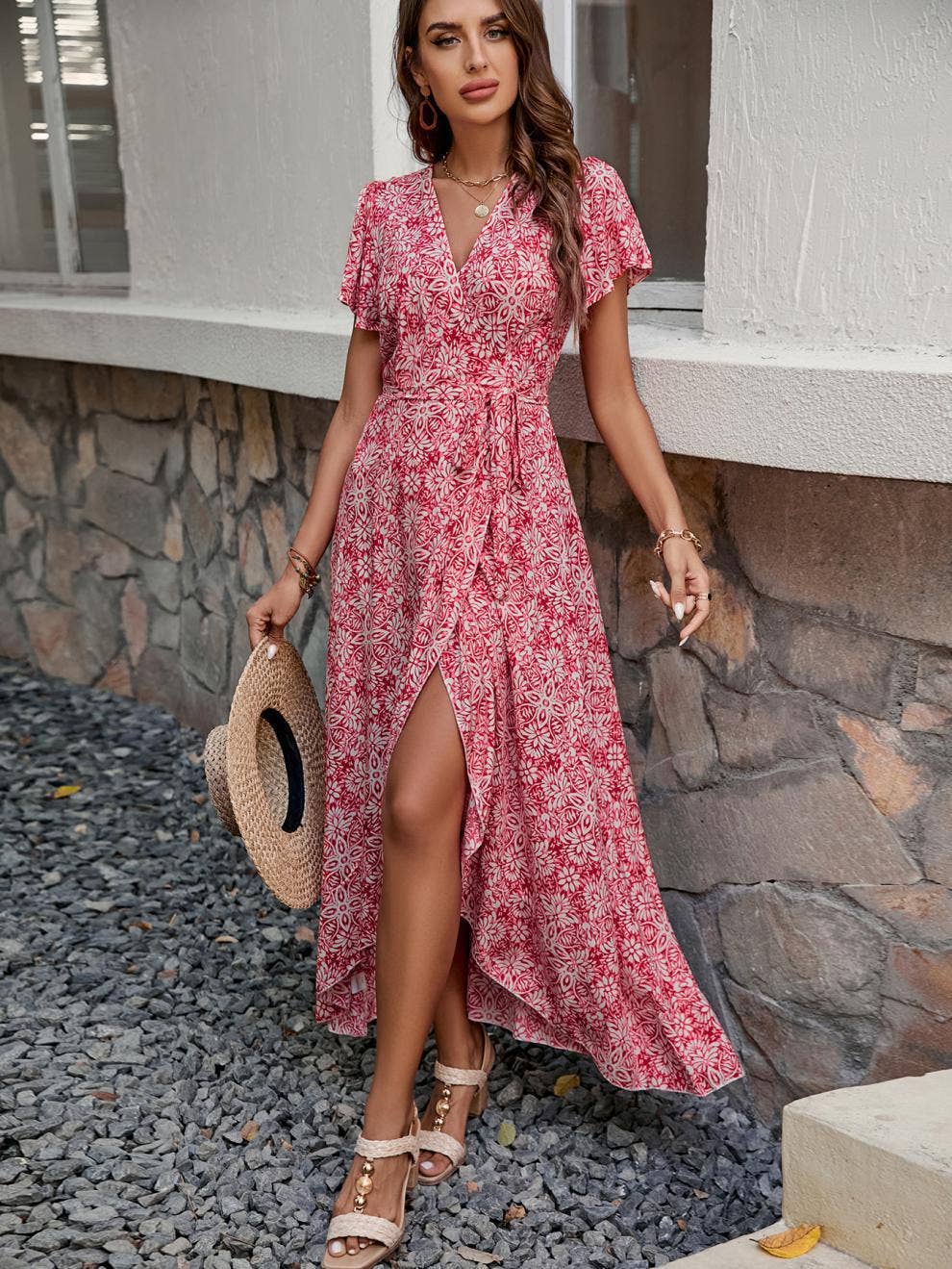 V-neck one-piece lace-up holiday swing dress