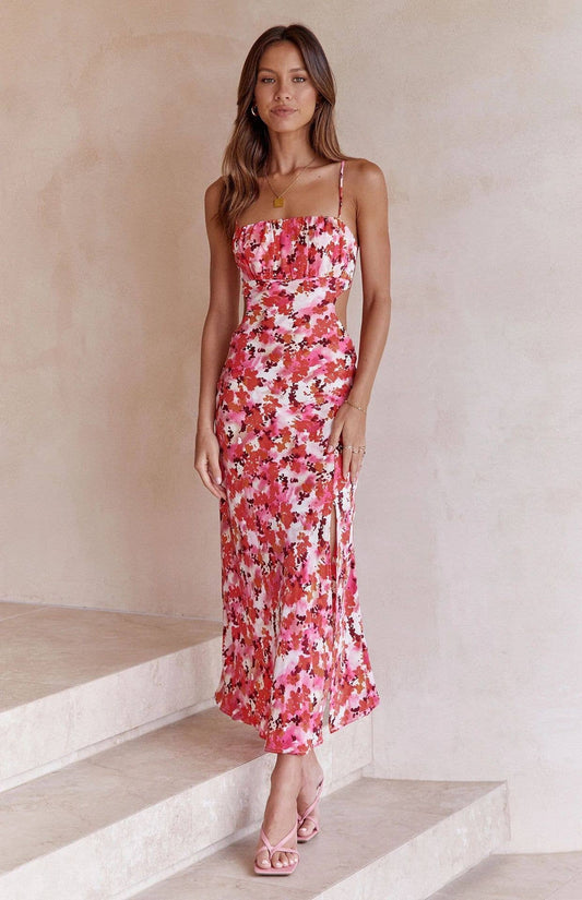 Hollowed-out back straps and slit halter dress