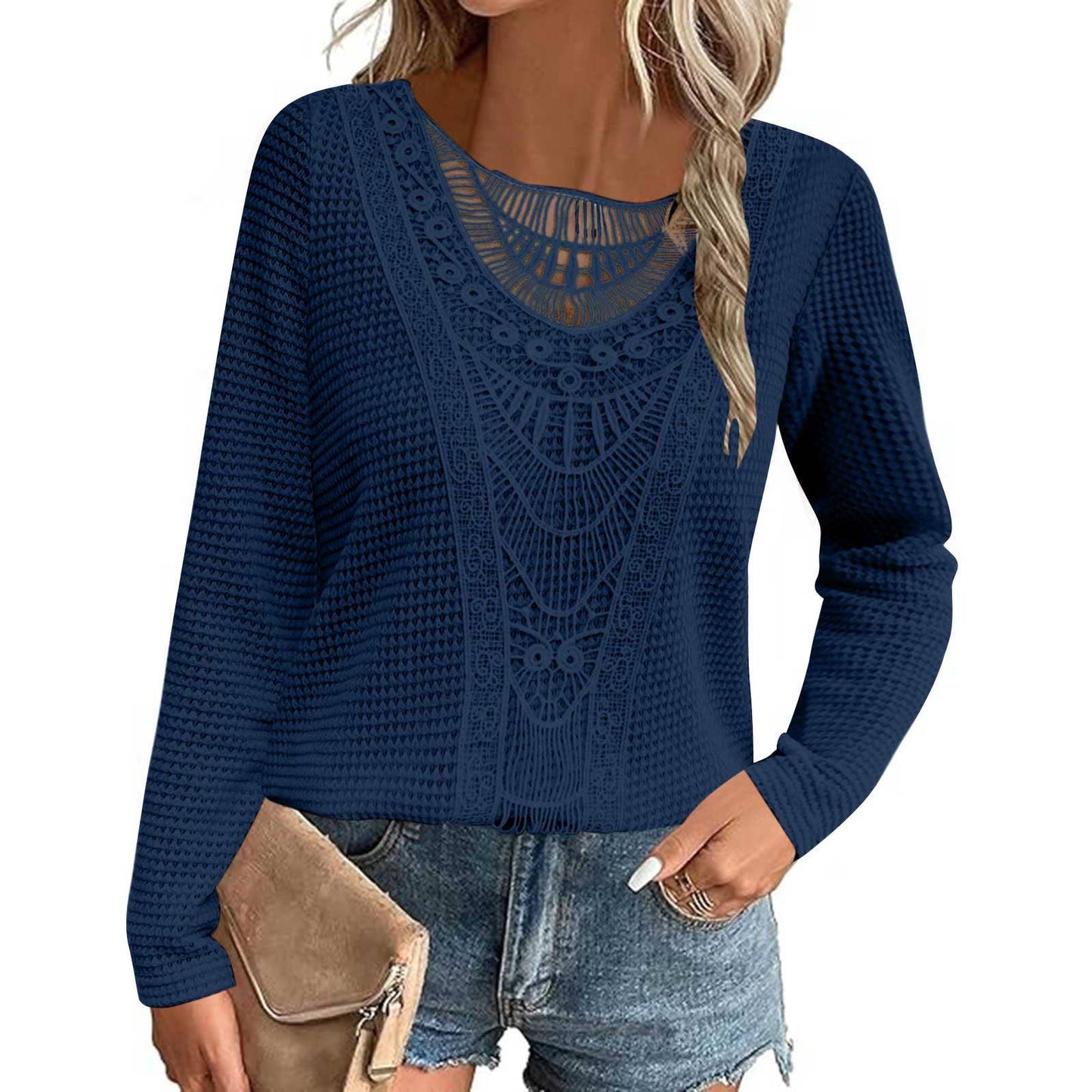 Solid-color teak lace patchwork top T-shirt
