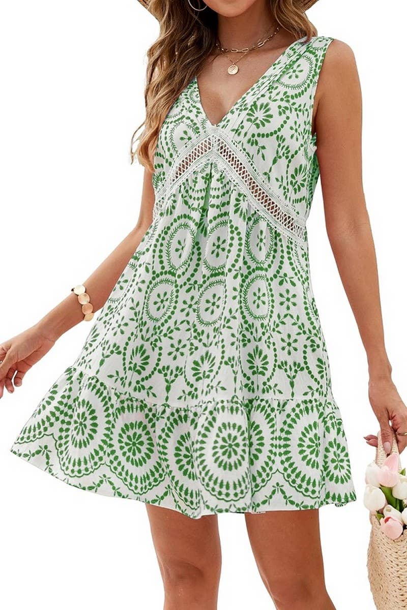 CWDSD8695_PRINTED EYELET LACE V-NECK SLEEVELESS DRESS