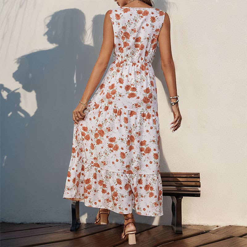 V-neck printed high waist waist long swing dress