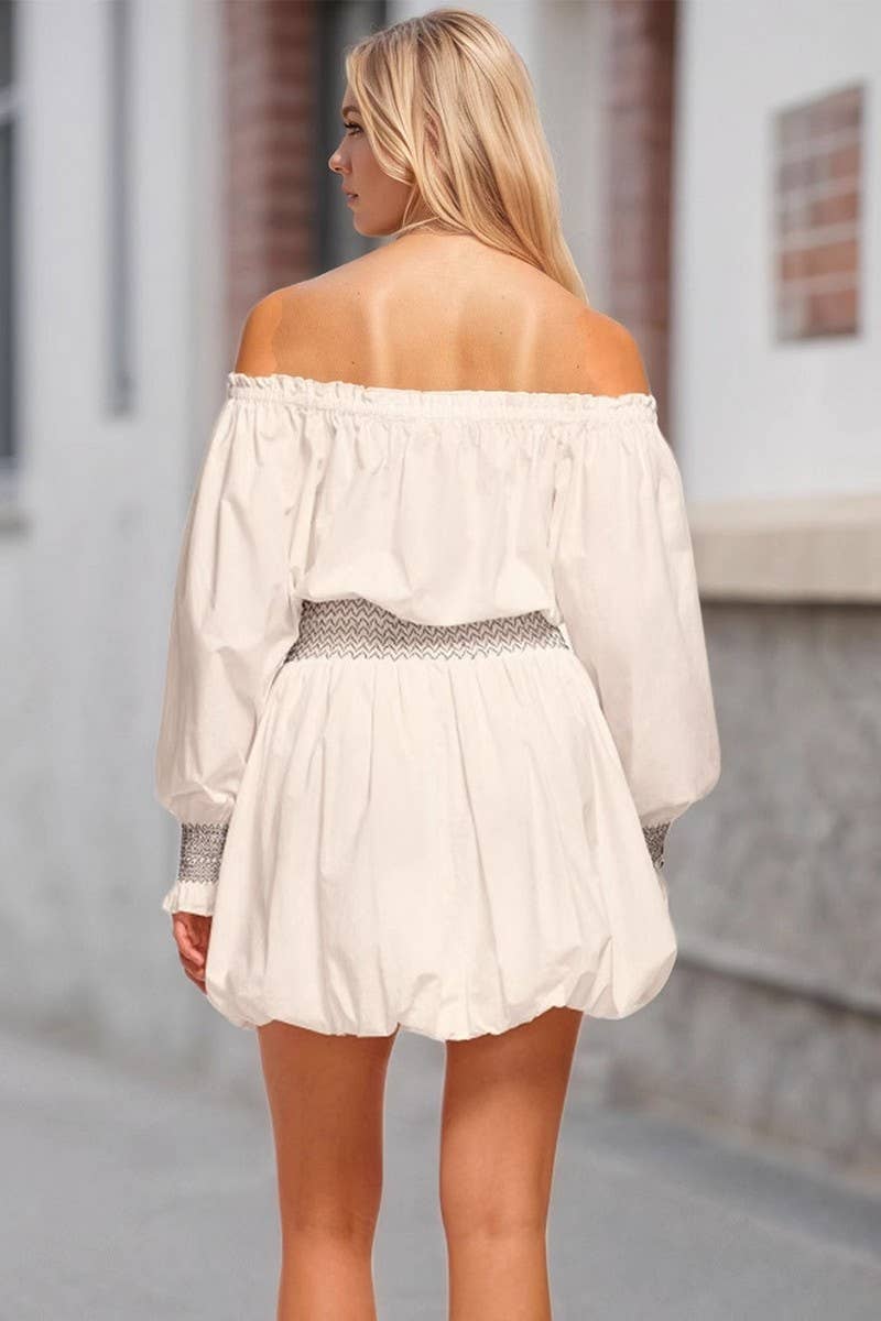 CWDSD8799_OFF SHOULDER PUFF SLEEVE COLORBLOCK FLARE DRESS