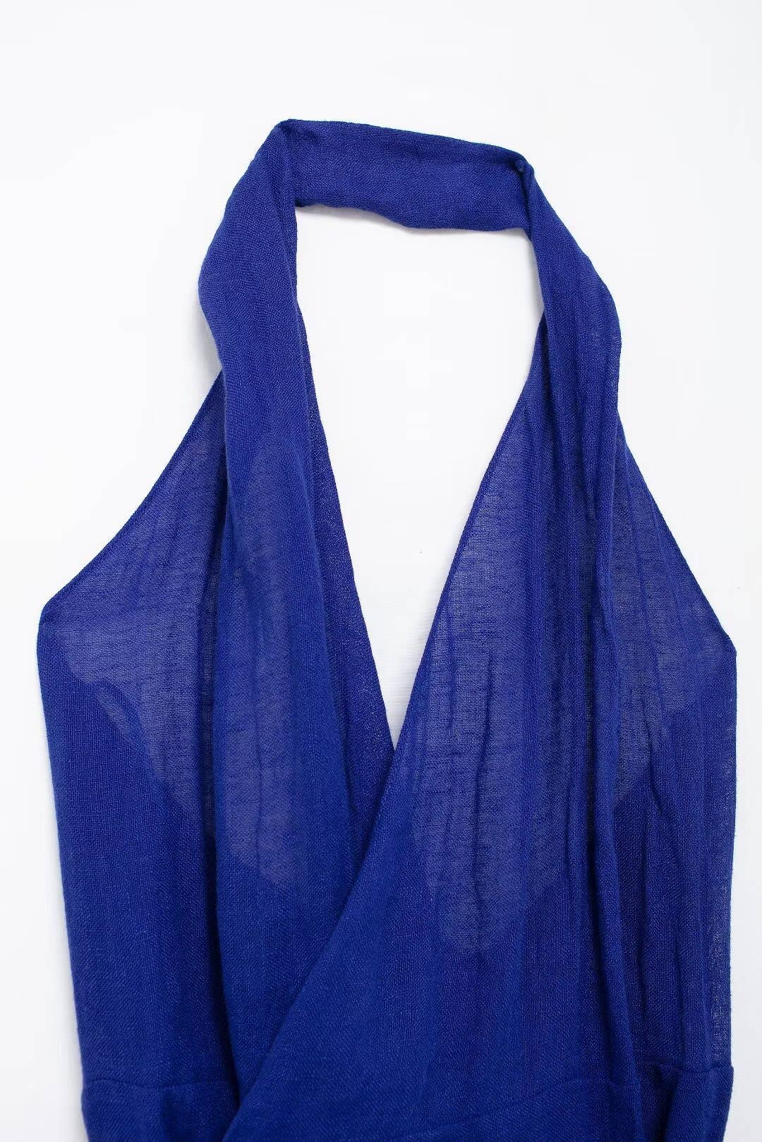 STYLISH LINEN BLEND LONG DRESS WITH NECK AND WAIST