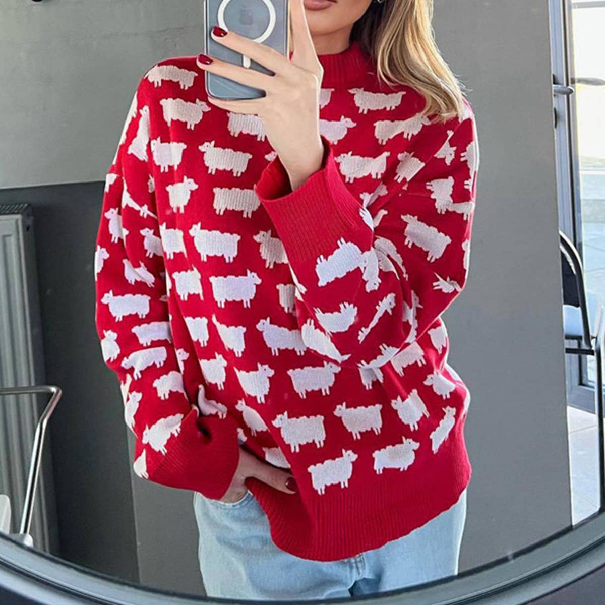 SHEEP PRINT LOOSE CASUAL PULLOVER SWEATER