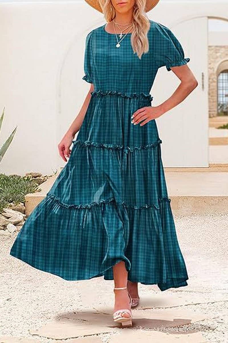 CWDMD6366_ROUND NECK PUFF SLEEVE RUFFLE PRINTED DRESS