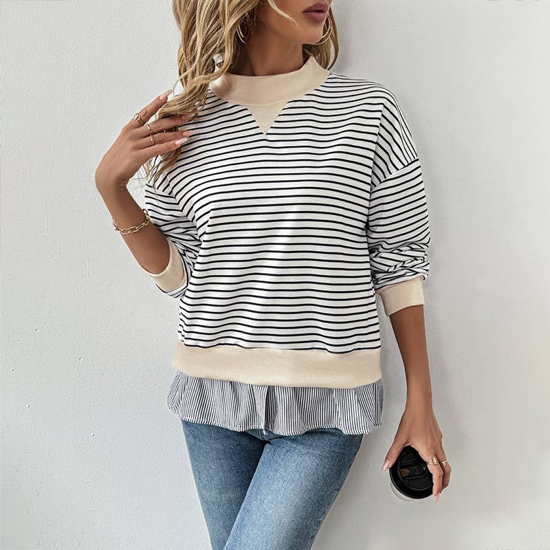 Round-neck striped patchwork fake two-piece top