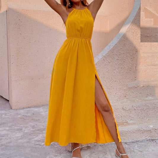 Solid color slit thigh long sexy halter dress