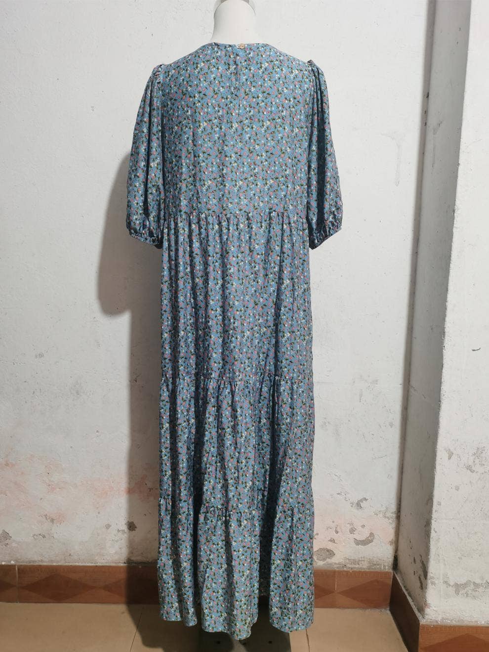 Puffy sleeve crew neck floral print long dress