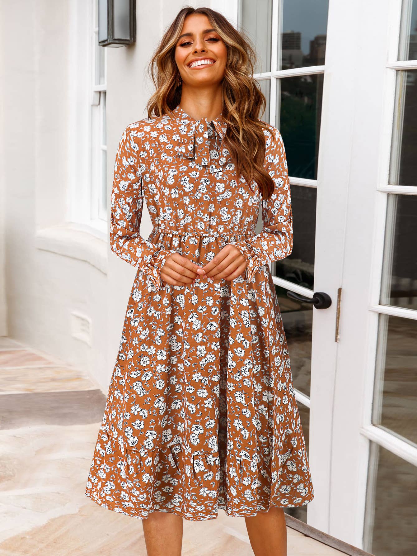 Waist-Cinched Floral Ruffle Bell Sleeve Dress