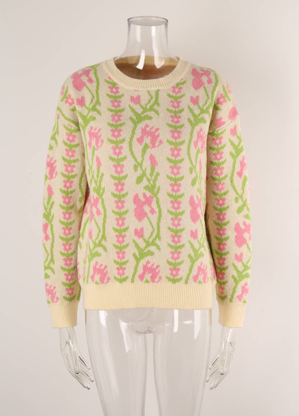 JACQUARD ROUND NECK FLOWER KNIT FASHION SWEATER