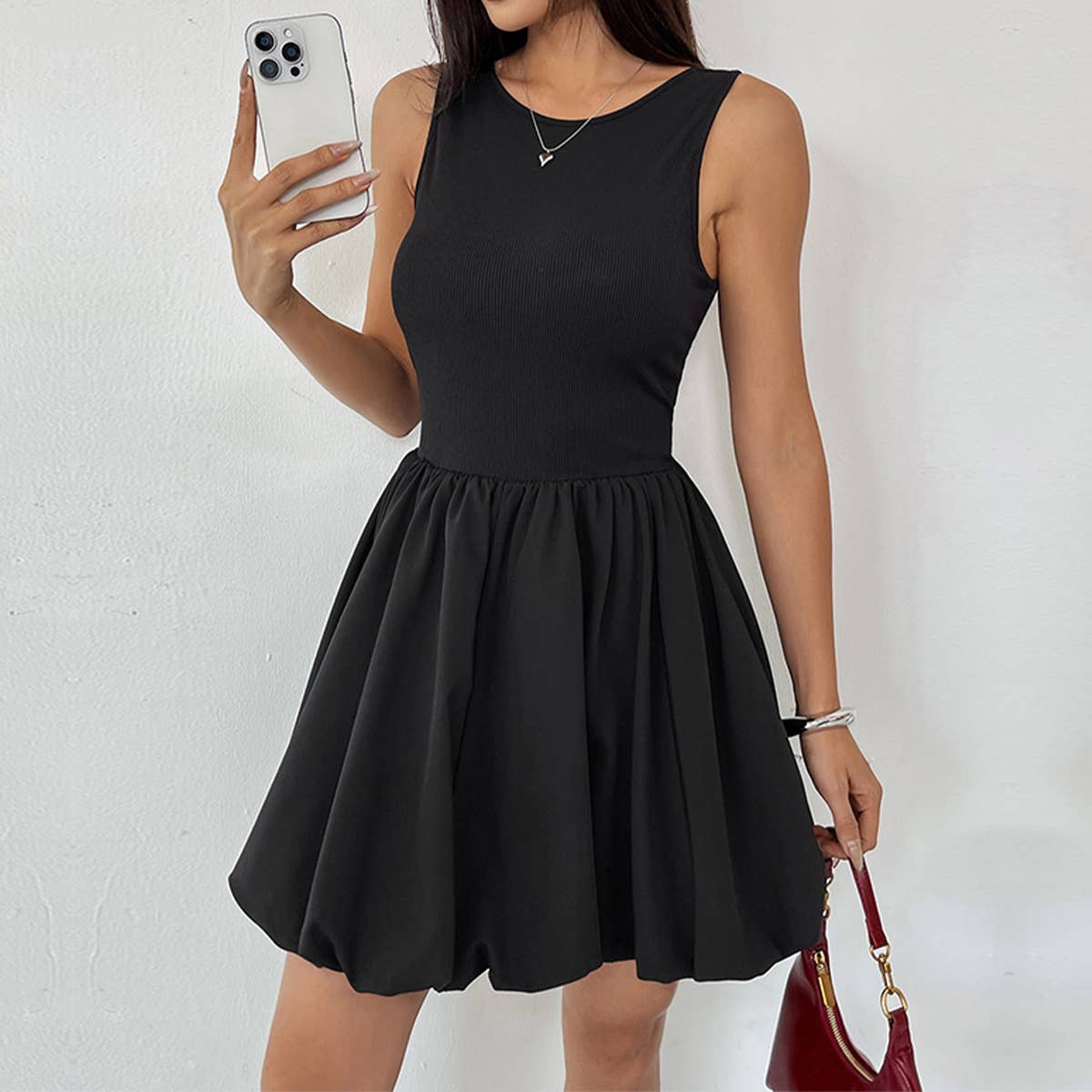 All-in-one slimming solid color waistline dress