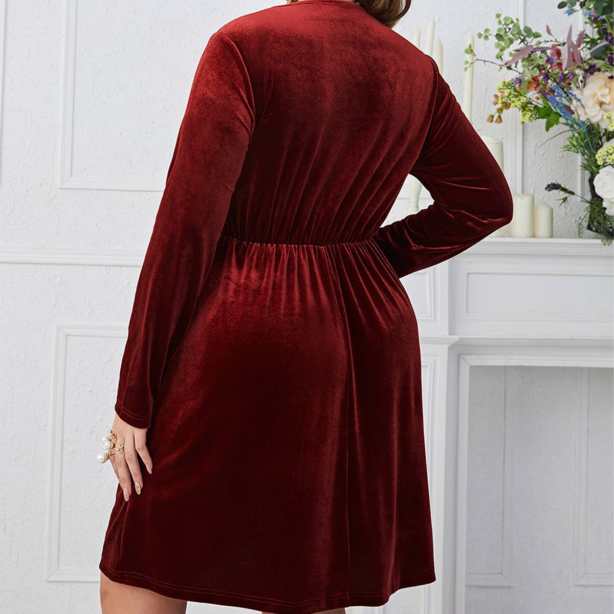 Deep Red V-Neck Slim Fit High Waist Dress