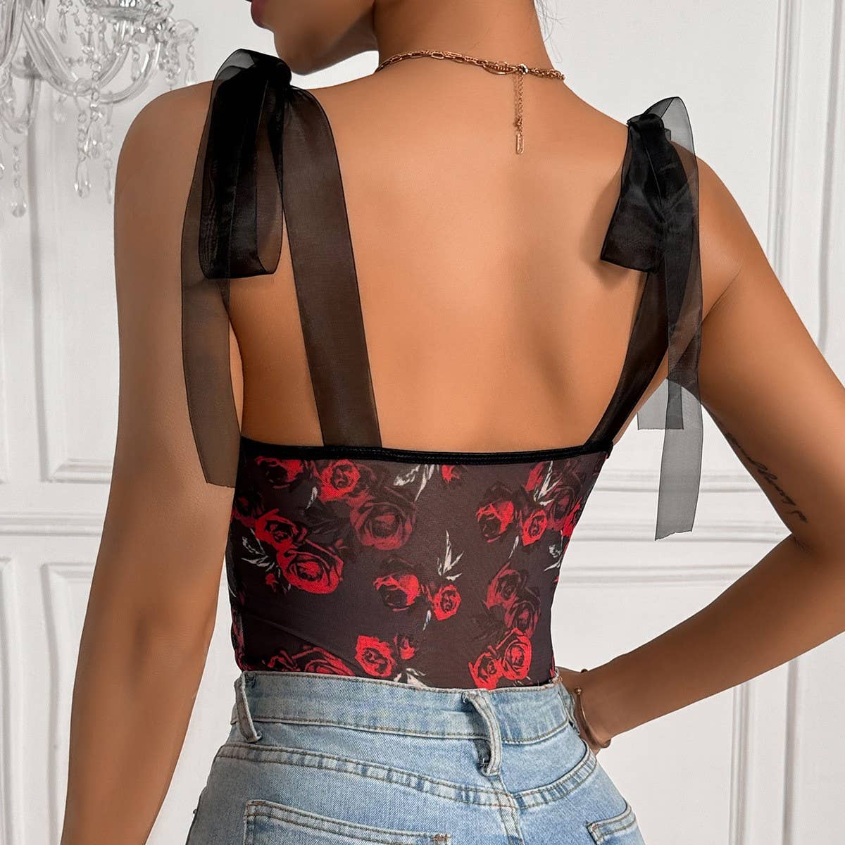 MESH PRINT SEXY FLOWER UNDERWIRE BODYSUIT