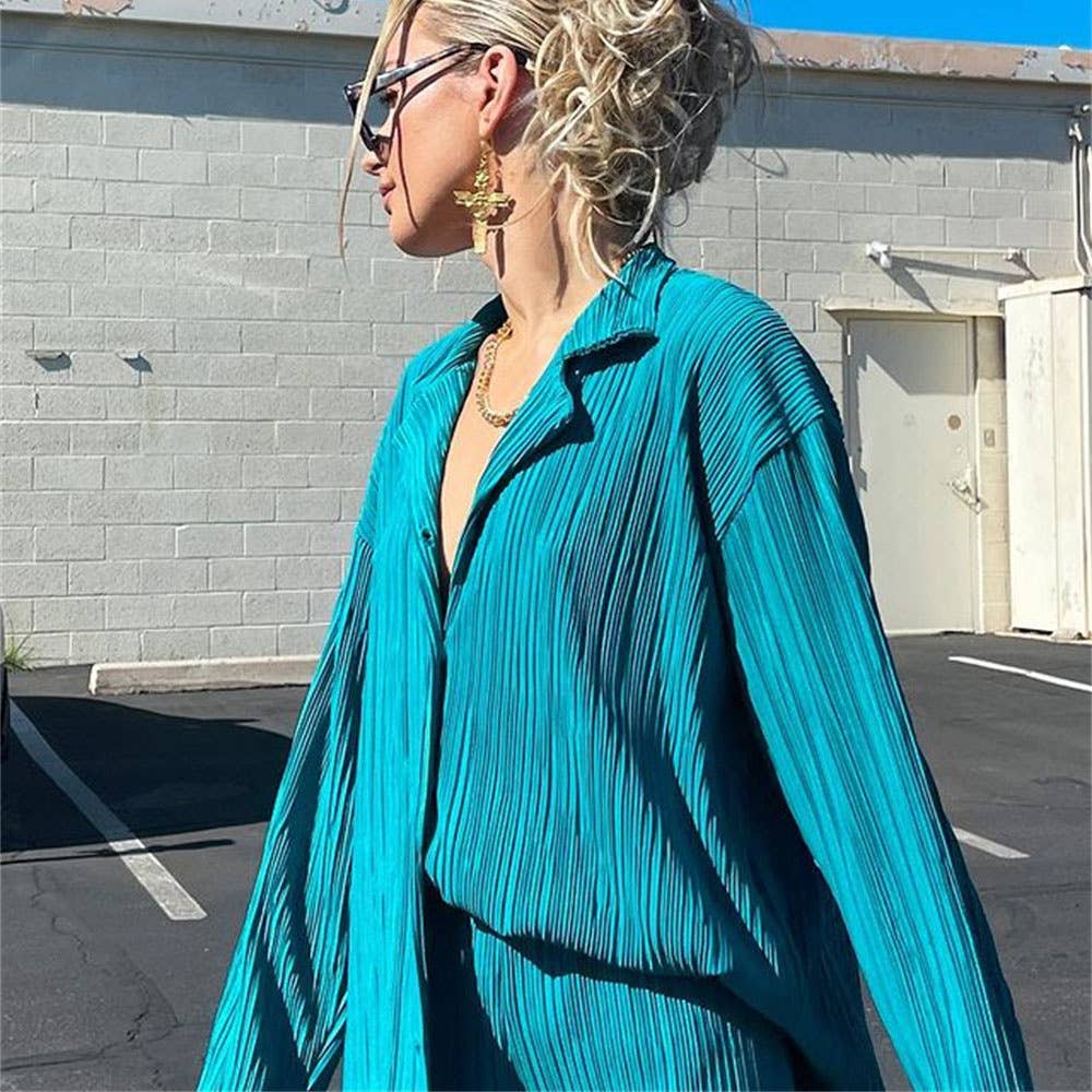 PLEATED DESIGN SHIRT TWO-PIECE SET