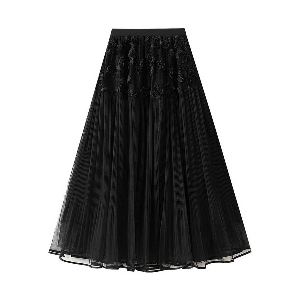 3D Floral Tulle High-Waist A-Line Maxi Skirt_CWBMS0373